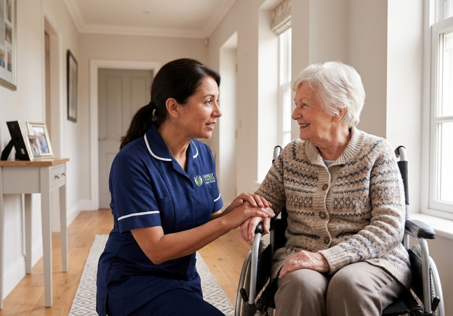 Surely Yours Healthcare carer demonstrating compassion and dignity whilst supporting an elderly client at home