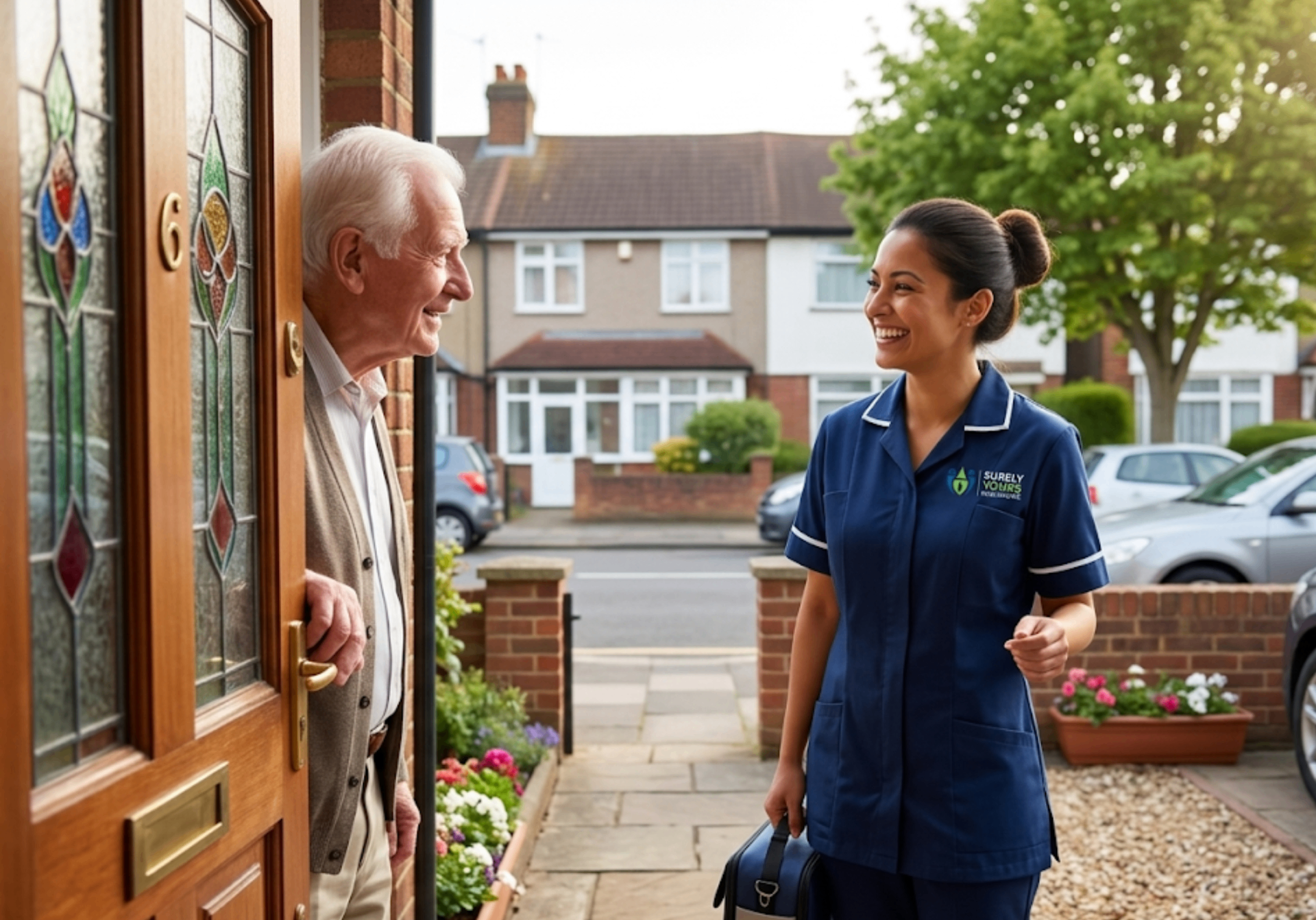 Surely Yours Healthcare carer arriving for a morning home care visit in the UK