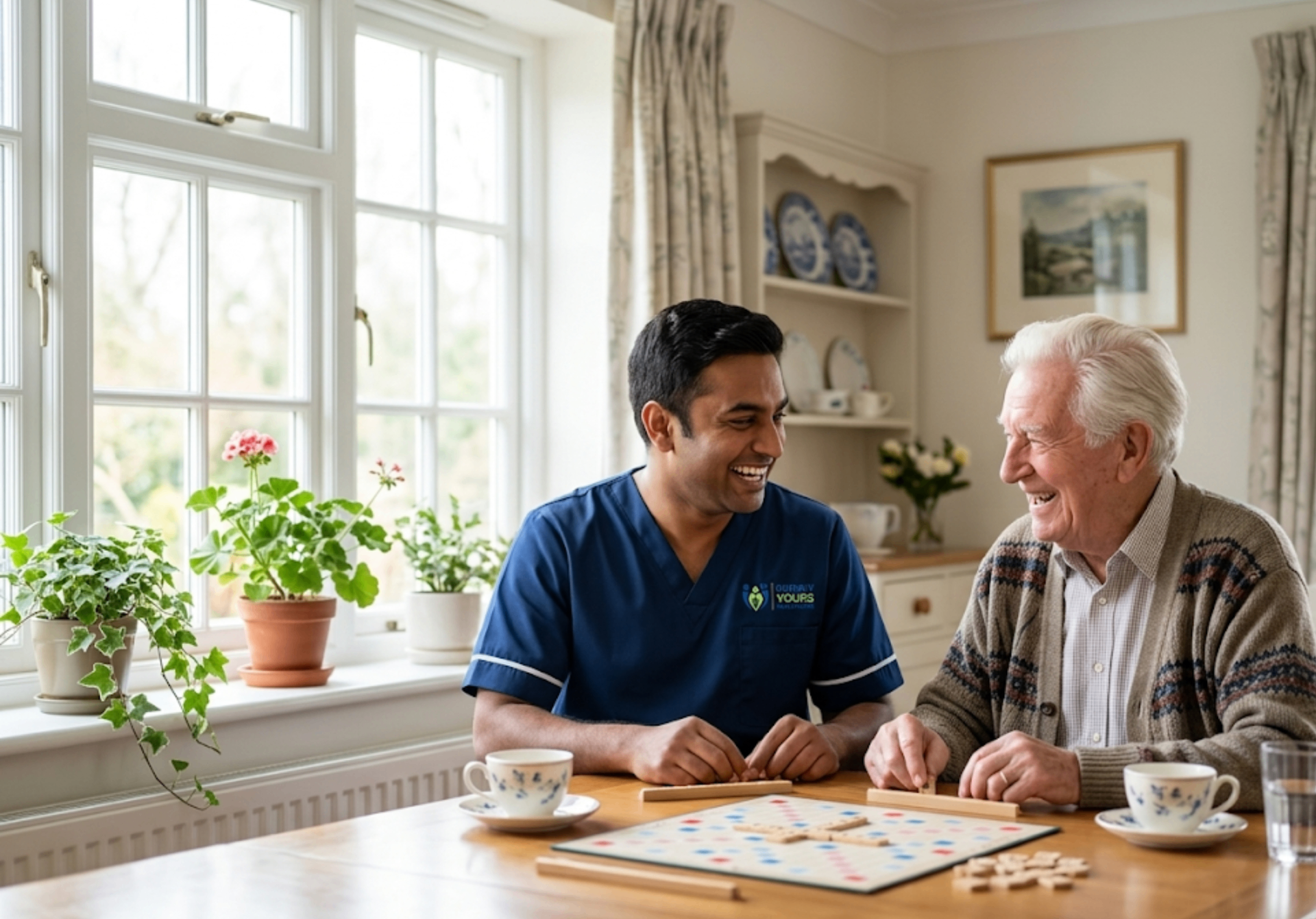 Surely Yours Healthcare companionship carer sharing a joyful moment with an elderly client at home