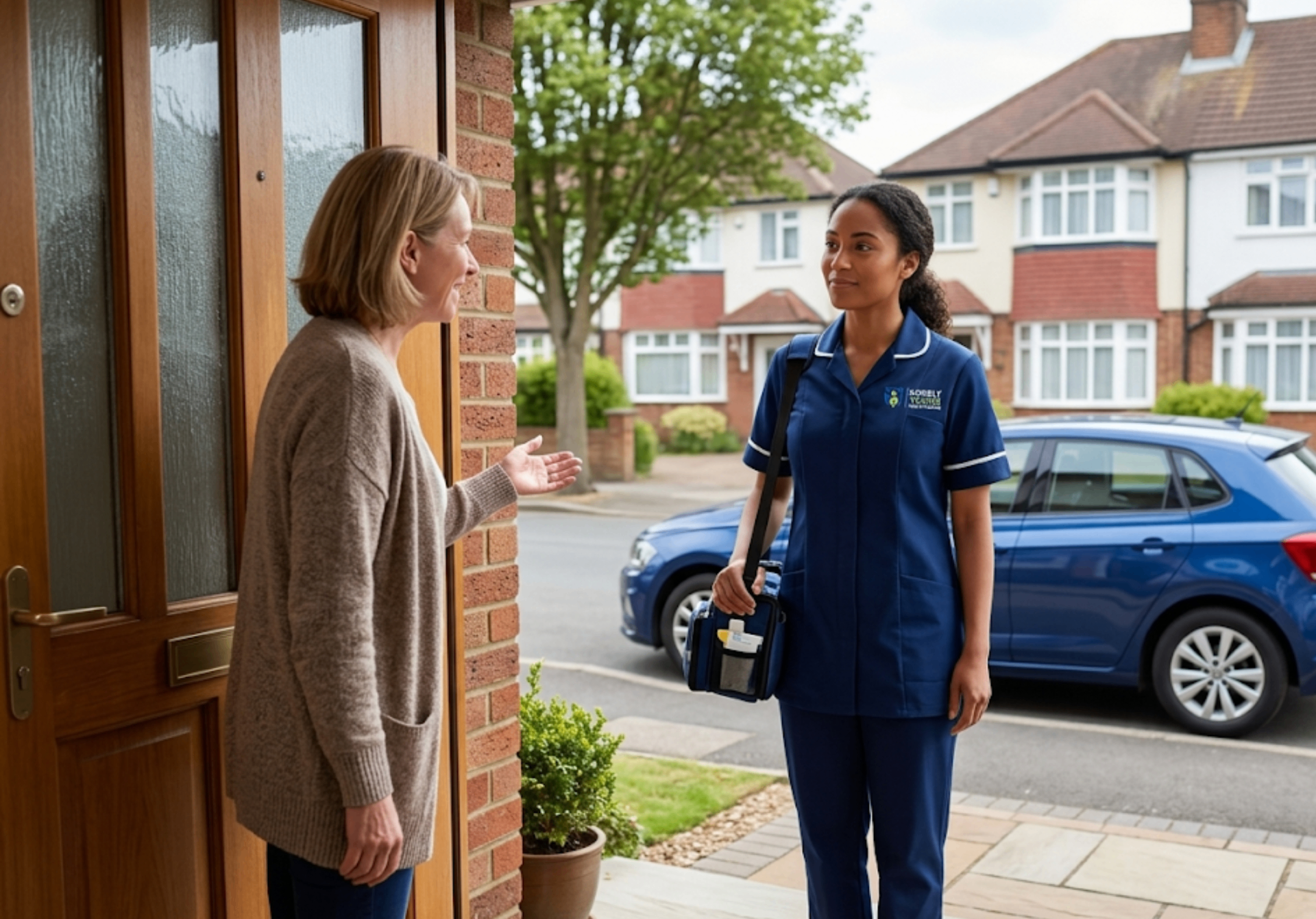 Surely Yours Healthcare rapid-response emergency carer arriving at a home in the UK within 24 hours