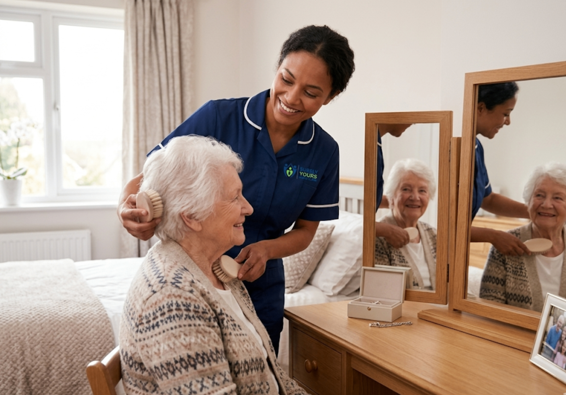 Surely Yours Healthcare carer providing personal care at home for an elderly woman in the UK